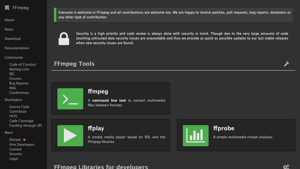ffmpeg.org 페이지 스크린샷